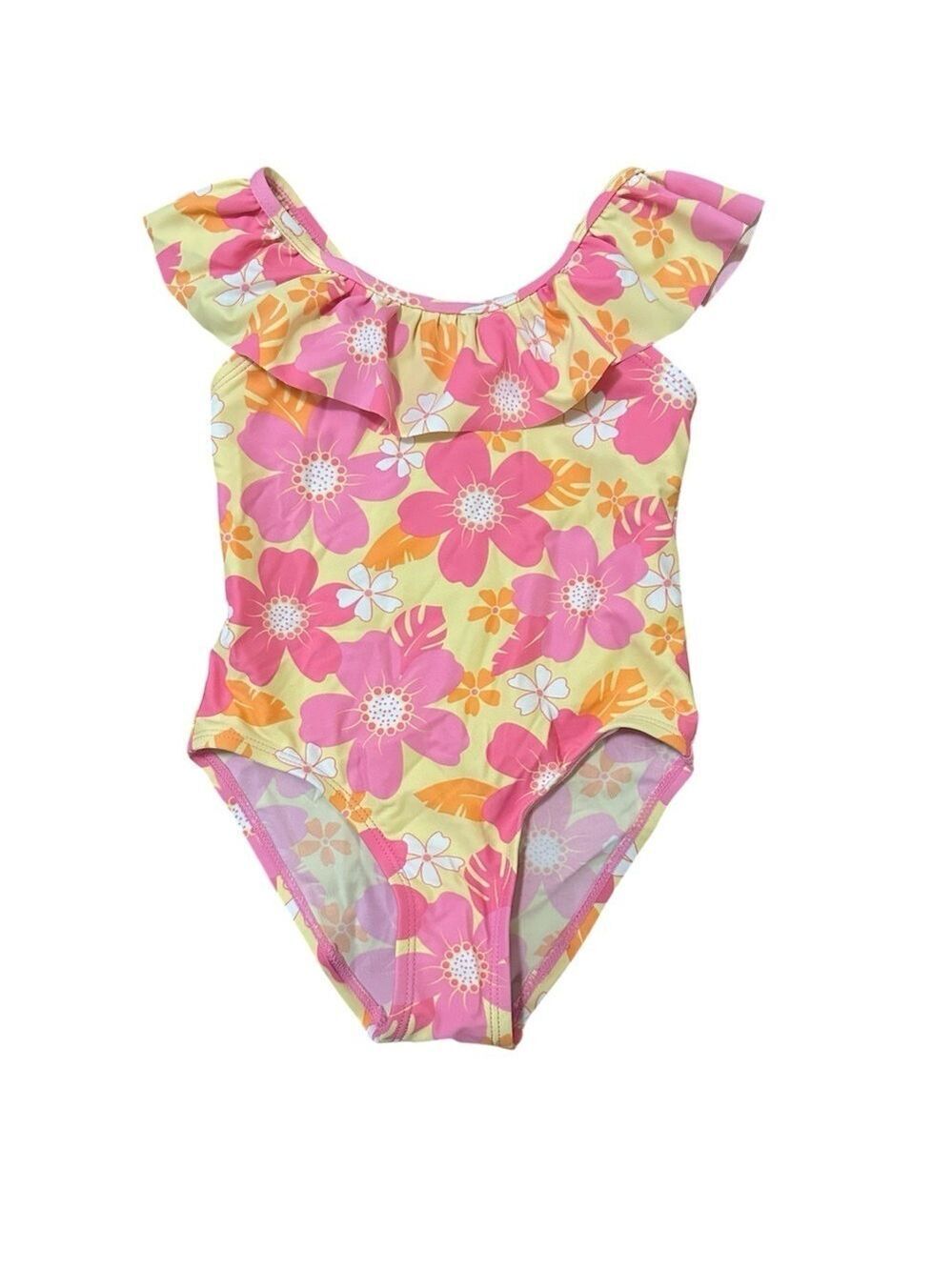 Bright Tropical Floral Ruffle Neck One Piece Toddler Girl Swimsuit